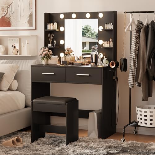 Image of Furmax Make up Vanity Desk with Mirror and Power Outlet, Vanity with 3 Color Light Options Adjustable Brightness,Vanity Desk with 2 Drawers, 6 Storage Shelves (Black, with Bench)