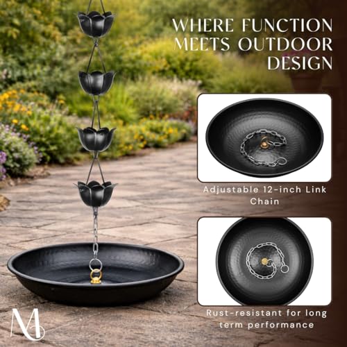 Monarch Rain Chains Rain Chain Basin – 15 Inch Hand Hammered Anchor Bowl for Gutters, Matte Black Decorative Anchoring Basin for Outside, Garden, Lawn & Patio Water Feature, Downspout Catcher Basins