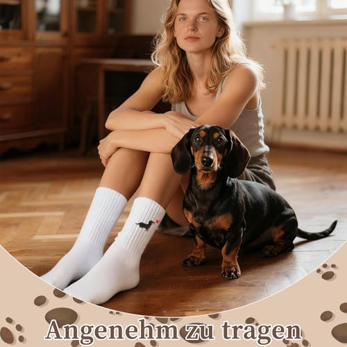 MOAZIFI Dackel Hundesocken mit Herz-Stickerei, Dackelsocken, Dackel Geschenke Atmungsaktiv, Geruchsneutral & Reibungsfrei, Geschenkset inklusive Karte und Tasche