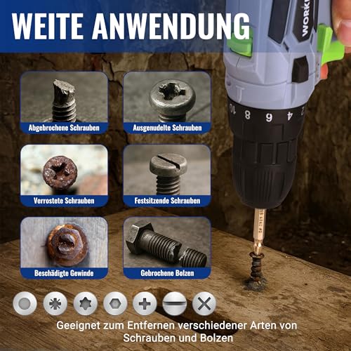 WORKPRO Schraubenausdreher Set Profi 6-teilig, Titannitrierter Linksausdreher Set aus HSS 4341 Stahl, M2-M13 Screw Extractor mit Aufbewahrungskoffer für Akkuschrauber und Bohrmaschinen, für Schrauben