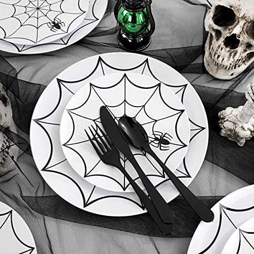 Image of WDF 60Pieces Halloween Plates Disposable Plastic - White and Black with Cobwebs plates Dinnerware include 30PCS 10.25inch and 30PCS 7.5inch Plates for Halloween