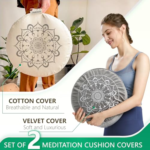Hihealer Meditation Cushion with Extra Velvet Cover - Large Traditional Tibetan Meditation Yoga Floor Cushion Pillow Zafu Filled by Buckwheat Hulls, Great Gift for Women (Calmly Grey & White)