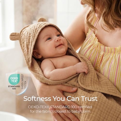 Image of Momcozy 6-Layer Muslin Cotton Baby Towels with Hood, 32x32 Inch, Brown