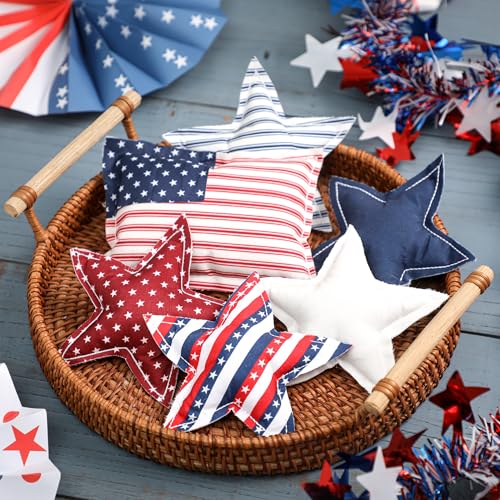 4th of July Stars Ornaments for Tiered Tray Decor - 6Pcs Patriotic Stuffed Fabric Stars - American Flag Red White and Blue Bowl Filler for Independence Day, Memorial Day Home Decorations