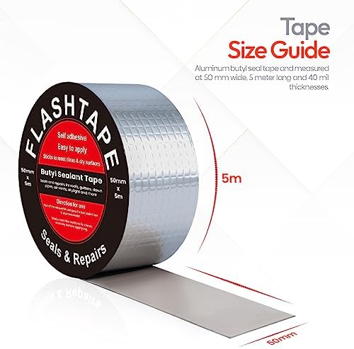 Pack of 2 Butyl Tape for Repair Roof Leaks and Cracks- 50mm(W) x 5Meter (L) Strong Waterproof Aluminum Sealant Flash Tape for Sealing Roof, Gutter, Tanking, Leaking Pipe Repair Tape