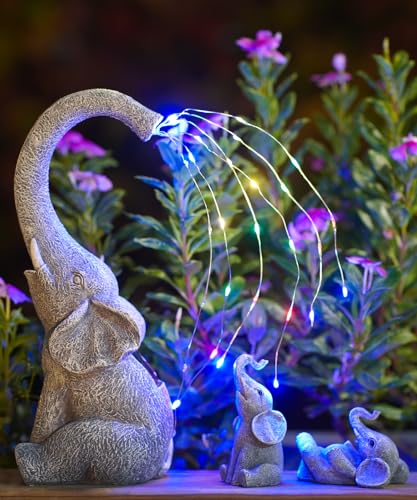 Yeomoo Elefanten Deko Gartenfiguren mit Solar Lichterkette Aussen: Elefant Mutter mit 2 Baby Elefanten Gartendeko für Draußen Geschenke für Mama Frauen Wohnzimmer Wetterfest Blakon Terrasse Deko