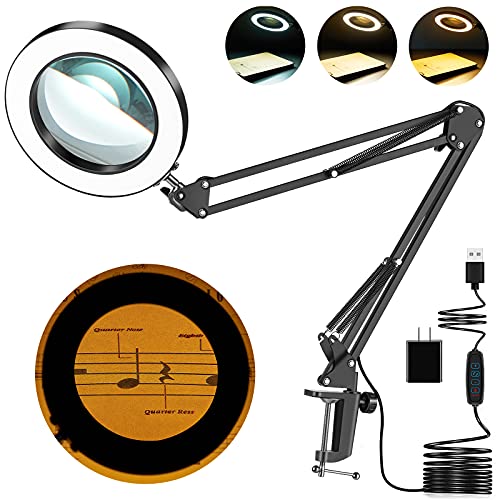 Magnifying Glass with Light, 8-Diopter Glass Lens 5X Magnifying Lamp, Lighted Magnifying Glass for Reading Magnifier with Light 3 Color Modes Stepless Dimmable Adjustable Swivel Arm Crafts Workbench