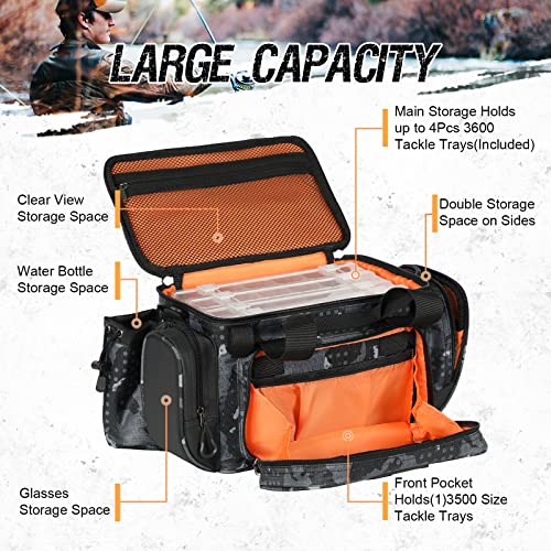 X Strike Fishing Tackle Bag, Fishing Bag Large Waterproof Fishing Storage Bag With 4 3600 Tackle Box, Saltwater And Freshwater Tackle Shoulder Bag For Fishing, Camping, Hunting, Hiking, Travel. #TOP1