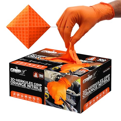 GRIPXX Herkules Grip Heavy Duty 8Mil Orange Nitrile Gloves,3D Raised Diamond Texture-Latex & Powder Free-Industrial, Mechanic (1, XX-Large)