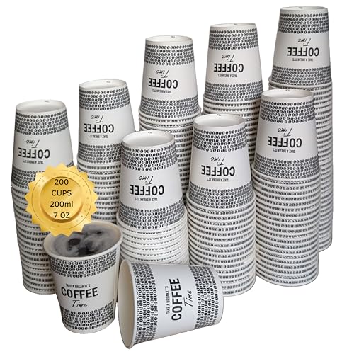 200 Vasos Desechables para Café 200 ml - Para Bebidas Calientes y Frías - Cartón para Café, Té, Agua - Para Llevar (200 Unidades) (Coffe Time)