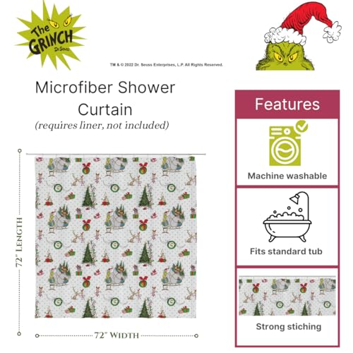 Image of Grinch Wrapping Paper Holiday Christmas 13-Piece Shower Curtain Set, 72 x 72 Inch Fabric Curtain with Hooks, Bathroom Decor, Machine Washable, (100% Officially Licensed Product) by Franco Collectibles