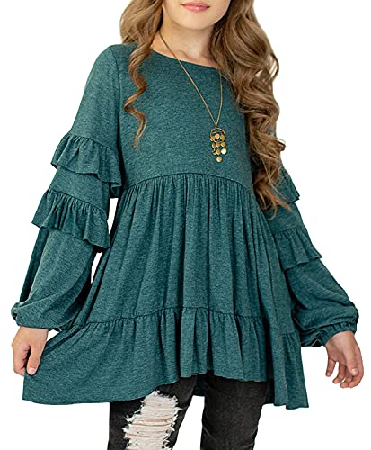 MITILLY Girls Crewneck Ruffle Long Sleeve Loose Pleated Babydoll Blouse Tops with Pockets