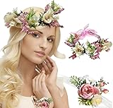 Dryxog 2 Piezas Diadema Flores Niña Accesorios Pelo Mujer Diadema Mujer Hair Clips Accesorio de Cabello Perfecto con Juego de Pulsera para Bodas Ceremonias Fiestas (Corona + Pulsera）