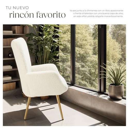 Miniatura 4 de Tectake Sillón Orejero Estilo Escandinavo, Butaca De Salón Con Tapizado En Tejido Bouclé, Sillón Lectura Con Respaldo Ergonómico, Ideal Mueble De Salón, Topes En Patas, Hasta 150kg - Crema Dorado