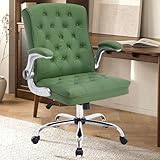 Modern Leather Office Chair, Mid-Back Ergonomic Executive Desk Chair with Flip Up Arm, Mid Century Swivel Task Chair, Rocking Computer Chair with Wheels for Home Office, Meeting Room