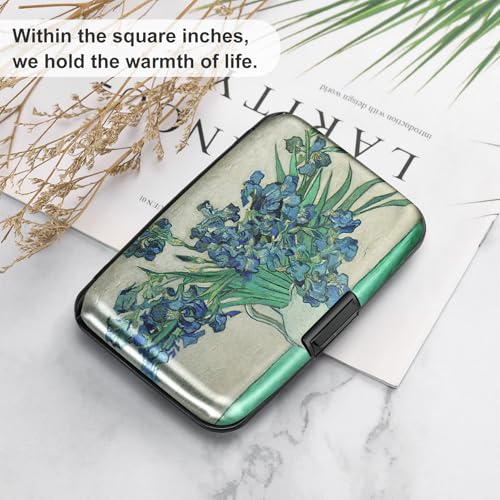 Image of ELFISH Mini RFID Aluminum Wallet Credit Cards Holder Business Card Case Metal ID Case for Men Women, Iris Flower 2#, 4.33 x 2.95 x 0.75 inches, Compact