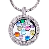 RUBYCA Living Memory Glass Locket Necklace 12 Round Crystal Birthstones Floating Charms Silver Tone