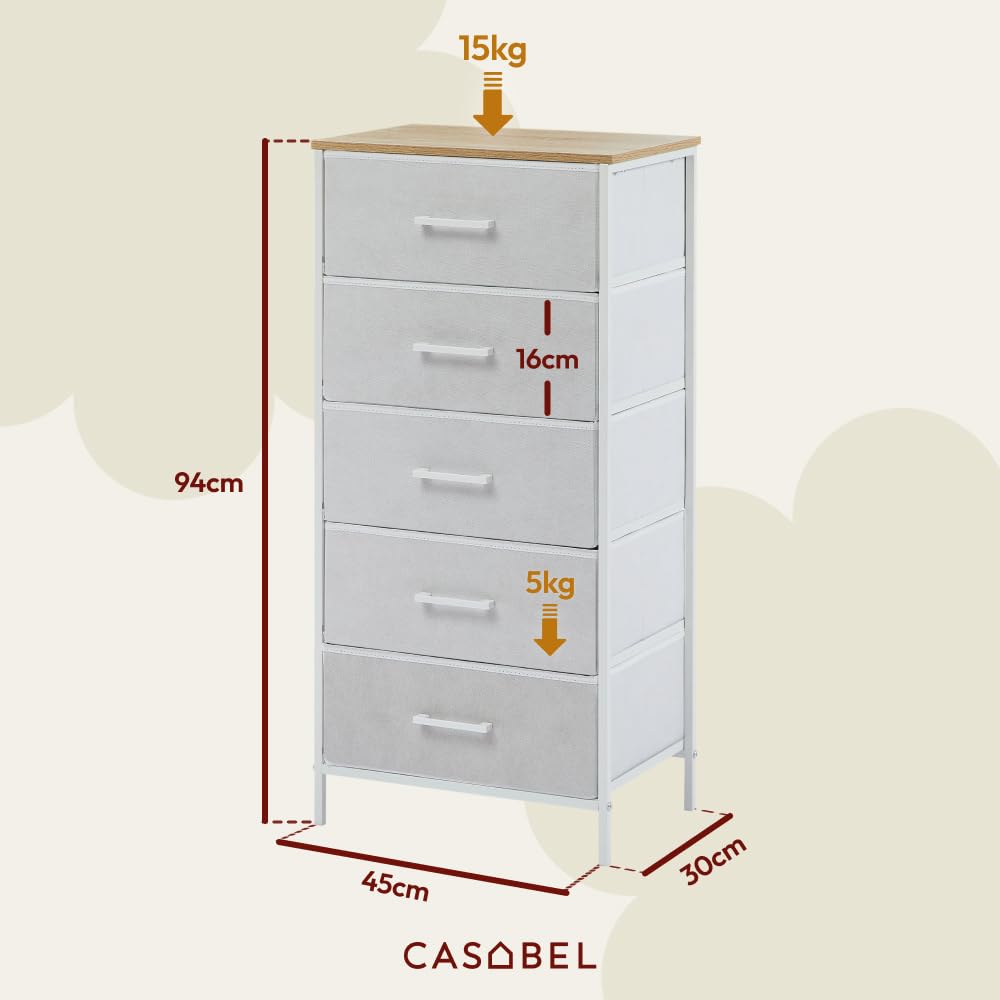 CASABEL cómoda Alta y Estrecha Blanca, 5 cajones de Tela rígida, Metal Blanco y Tablero, 45x30x94cm, cajonera para Dormitorio, salón, recibidor o Pasillo, sinfonier Funcional y práctico