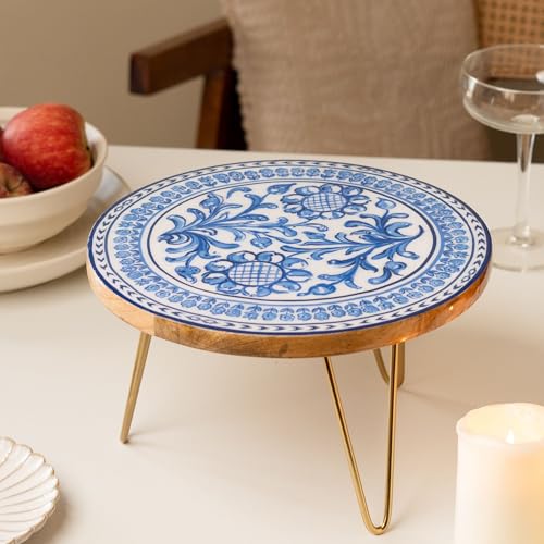 Image of RITUALISTIC Holland Delft Art Wooden Cake Stand with Metal Legs | Blue & White Dutch Folk Art | Round Dessert Display for Birthdays, Weddings & Events | Premium Home Decor Cake Tray | Unique Gifting
