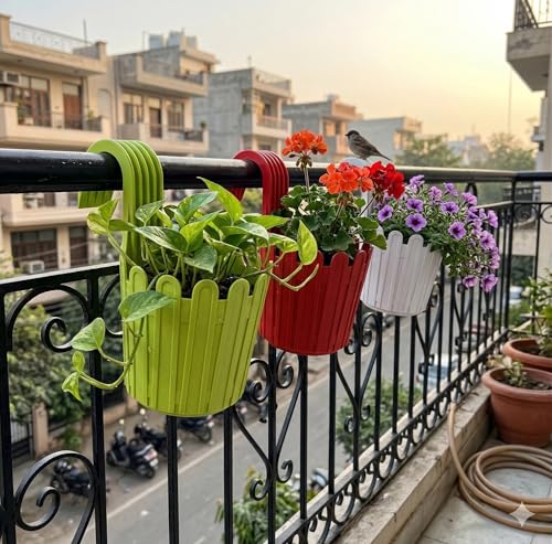 Image of Premium 6 inch Railing Planter with Hook - Durable Plastic Hanging Flower Pot for Balcony, Fence Design Gamla for Indoor /Outdoor Plants, Herbs & Creepers (3, Mix)