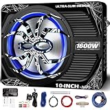 SCBPAUD 2026 Upgraded 1600W Slim Underseat Car Subwoofer, 10' Powered Sub with Built-in Amplifier, (LPF/Gain/Bass Boost) LED Ambient Lights, Independent Bass Knob, Distortion-Free Deep Bass