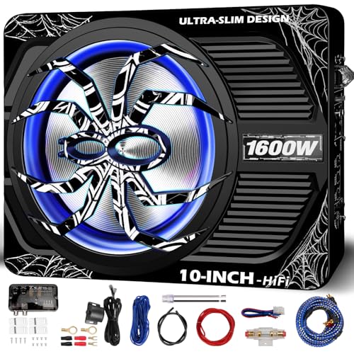 SCBPAUD 2026 Upgraded 1600W Slim Underseat Car Subwoofer, 10" Powered Sub with Built-in Amplifier, (LPF/Gain/Bass Boost) LED Ambient Lights, Independent Bass Knob, Distortion-Free Deep Bass