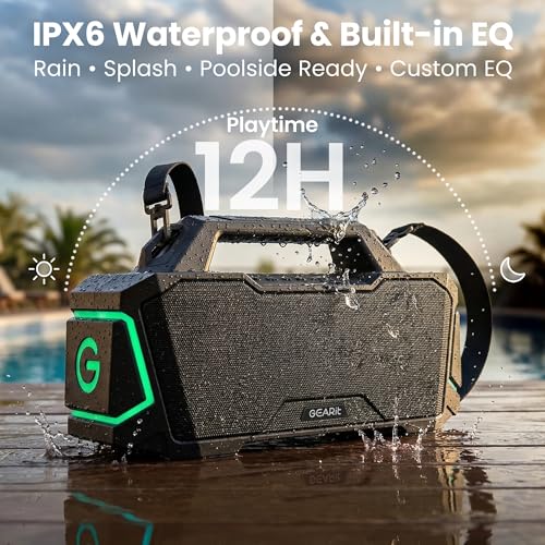 Image of GEARit Boombox Outdoor Speaker Portable | 120W Subwoofer Deep Bass Karaoke | IPX6 Waterproof RGB Light Bluetooth 5.3 EQ | AUX /MicroSD /USB Power Bank 12H Playtime for Camping Beach Party Pool Gift