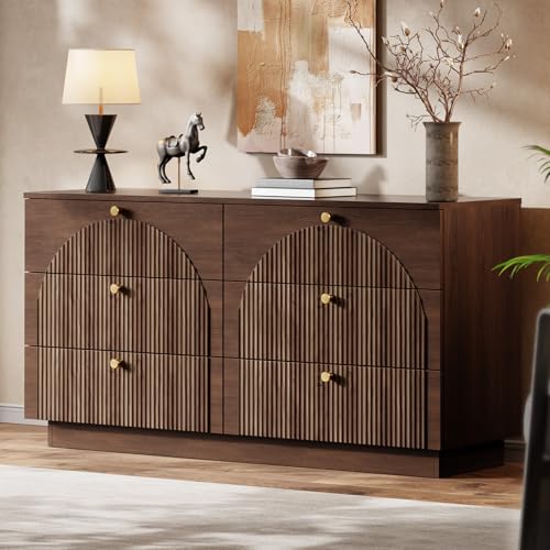 Herihome Arched Fluted Dresser for Bedroom with 6 Drawers 55 Wide Walnut