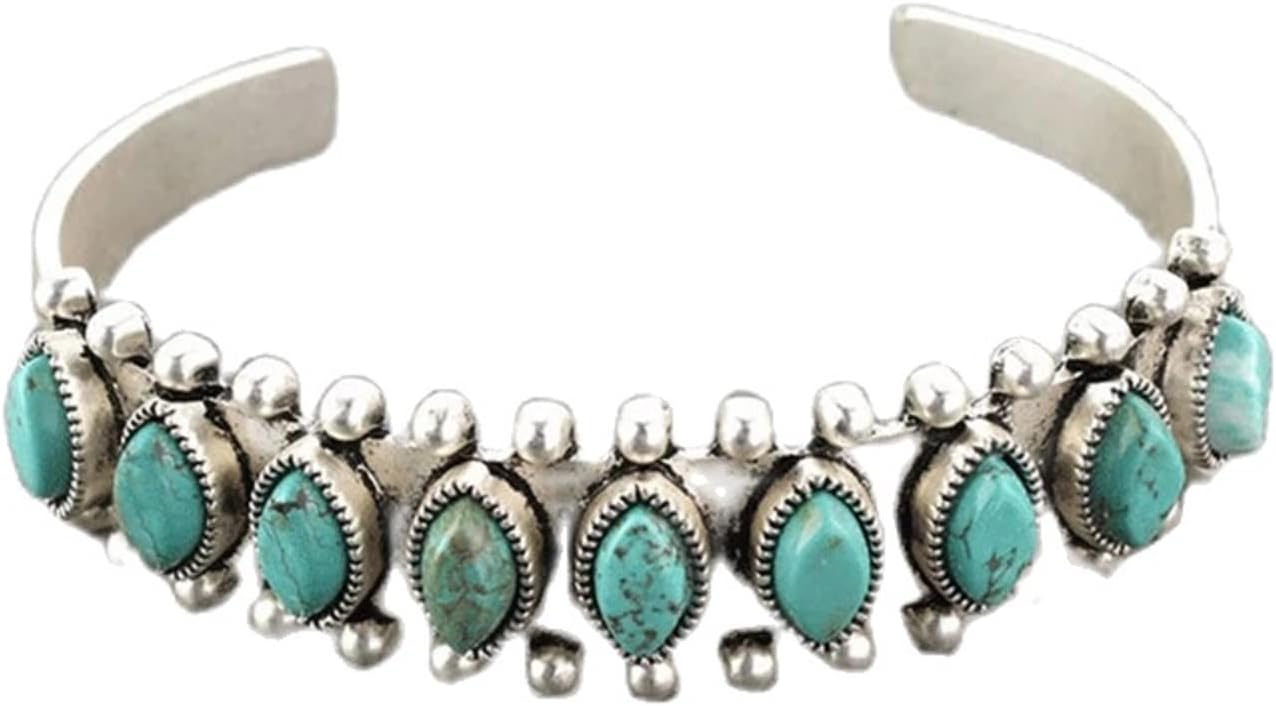 COLORFUL BLING Bohemian Turquoise Engraved Cuff Bracelet Natural Stone Adjustable Wrap Bangle Western Style Gemstone Boho Jewelry for Women