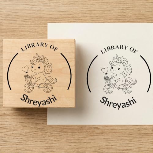 Image of Kunya Personalised Book Stamp with Your Name(3.5 cm Dia), customised for Stamping Books for Readers, Great Gift for booklovers, Kids, Teachers (Unicorn Circle)