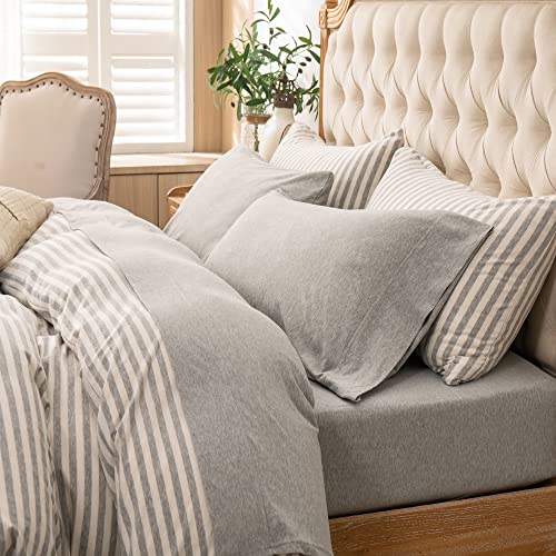 PURE ERA Jersey Knit 4pc Bed Sheet Set 100% T-Shirt Heather Cotton Super Soft Comfy Breathable Fits Mattress Up to 20" Extra Deep Pocket (Heather Light Grey, Cal King)