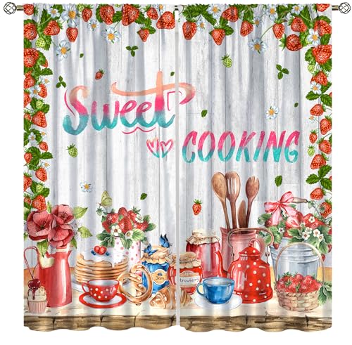 Llylumty Farmhouse Kitchen Curtains Strawberry Jam Teapot Flower Basket Rustic Wood Background Rod Pocket Window Drapes for Dining Room Pantry 21x45in,2 Panel Set