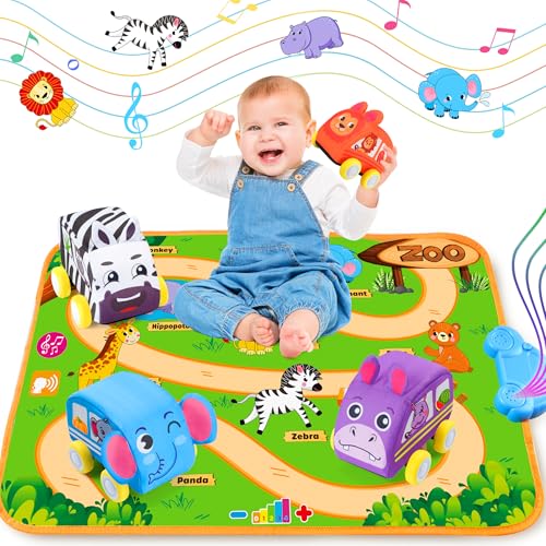 Helsort Baby Car Toys for 1 Year Old Boy with Musical Playmat, Animal Sounds and Pull Back Vehicles for Toddlers 1-3, Soft Baby Learning Toys 12-18...