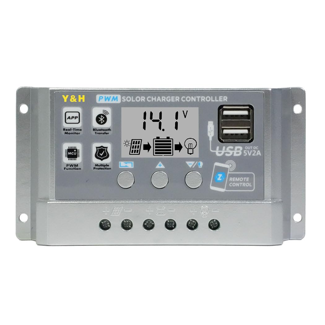 Y&H Solar Laderegler 30A PWM 12V 24V Solarpanel Batterieladeregler mit LCD Display, APP Kommunikation, Dual USB, Batterie 0V Start, Ladespannung einstellbar, geeignet für Blei-Säure/Lithium