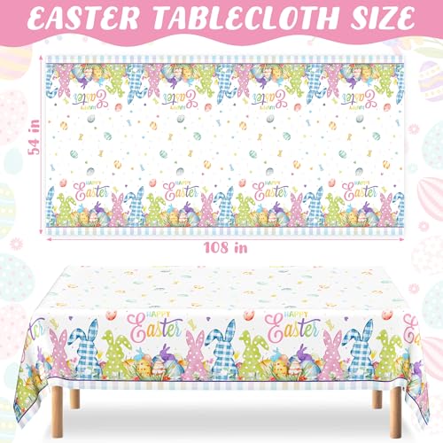 Image of 2 Pack Easter Tablecloth, 54 inch x 108 inch Easter Decorations, Rectangular Spring Tablecloths for Party Supplies, Colorful Eggs Bunny Flower Disposable Plastic Table Cloths for Easter Decorations for Home