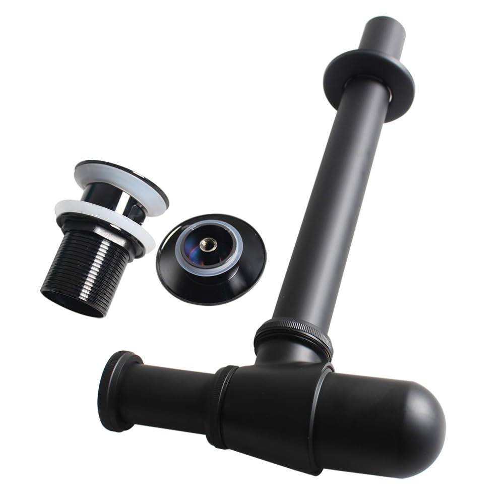 Brass Chroming PVD Black Color Finish Washbasin Drain Stopper Kit,P Trap Drain Hard Tube Assembly with Pop-up Washbasin Drainer for Bathroom(with Overflow),Z5157C001