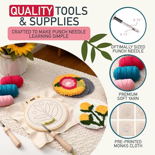 Image of Emri Lane Punch Needle Kit - 6 Floral Design Punch Needle Embroidery Kit w /Monk Cloth, Embroidery Hoop, Yarn & More - Essential Punch Needle Supplies for Crafters - Ideal Punch Art for Beginners