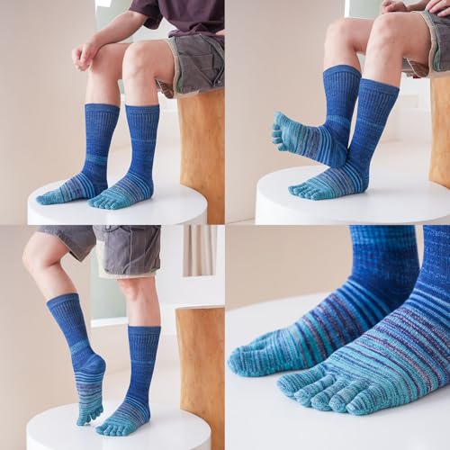 Pursuestar Cotton Toe Socks Five Finger Socks Long Thickened Calf High Athletic Running Rainbow Striped Socks for Men Boys3