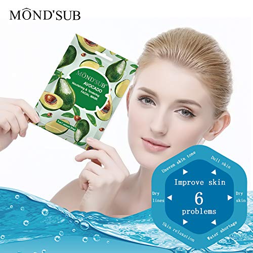 [12 P]Avocado Oil Facial Masks-Best Sheet Mask For Dry Skin-Deeply Nourishing&Moisturizing- Make Skin Soft&Clear-Every Skin Condition Day To Day Skin Concerns-Both Men&Women By Mond'sub #TOP2