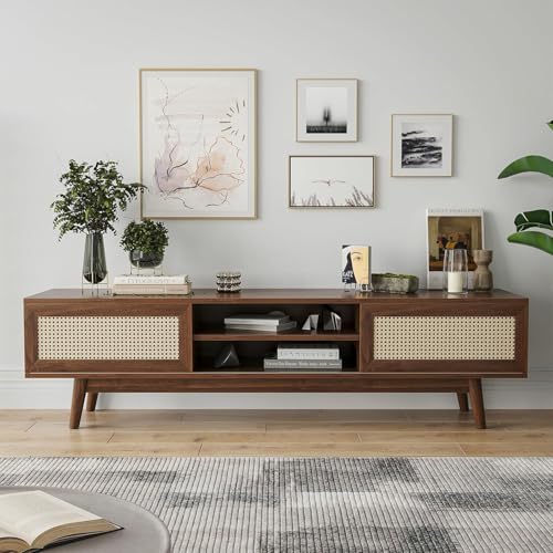 Image of Space Galaxy Sheesham Wood TV Unit Stand for Living Room | Wooden Entertainment Console Cabinet with 2 Rattan Cane Doors & Shelf Storage | Free Standing TV Table for Home, Walnut (63x15.6x18 Inch)
