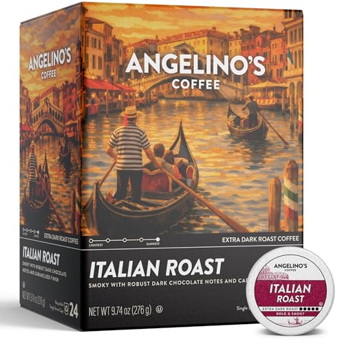 Image of Angelino's Coffee Italian Roast Coffee Pods, 24 Count - Extra Dark Roast Single Serve K Cup Compatible for Keurig - Smoky, Bold & Rich with Dark Chocolate Notes and Caramelized Finish