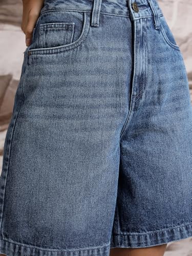 Image of Tokyo Talkies Women Blue High Rise Cotton Denim Shorts