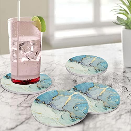 HAOCOO Drink Round Coasters with Holder (Set of 6), Absorbent Ceramic Coasters with Non-Slip & Scratch-Resistant Cork Base (Gray blue)