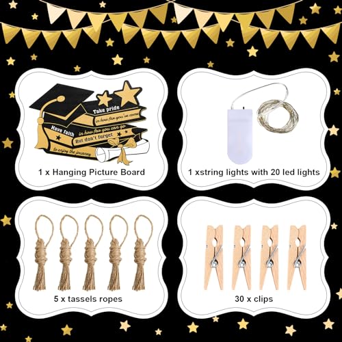 Leinuosen Graduation Photo Display Grad Hanging Picture Board with 30 Clips 1 String Lights 5 Tassels Lighted Photo Frames for Class of 2024 Graduation Party Gifts Home Classroom Room Wall Decoration