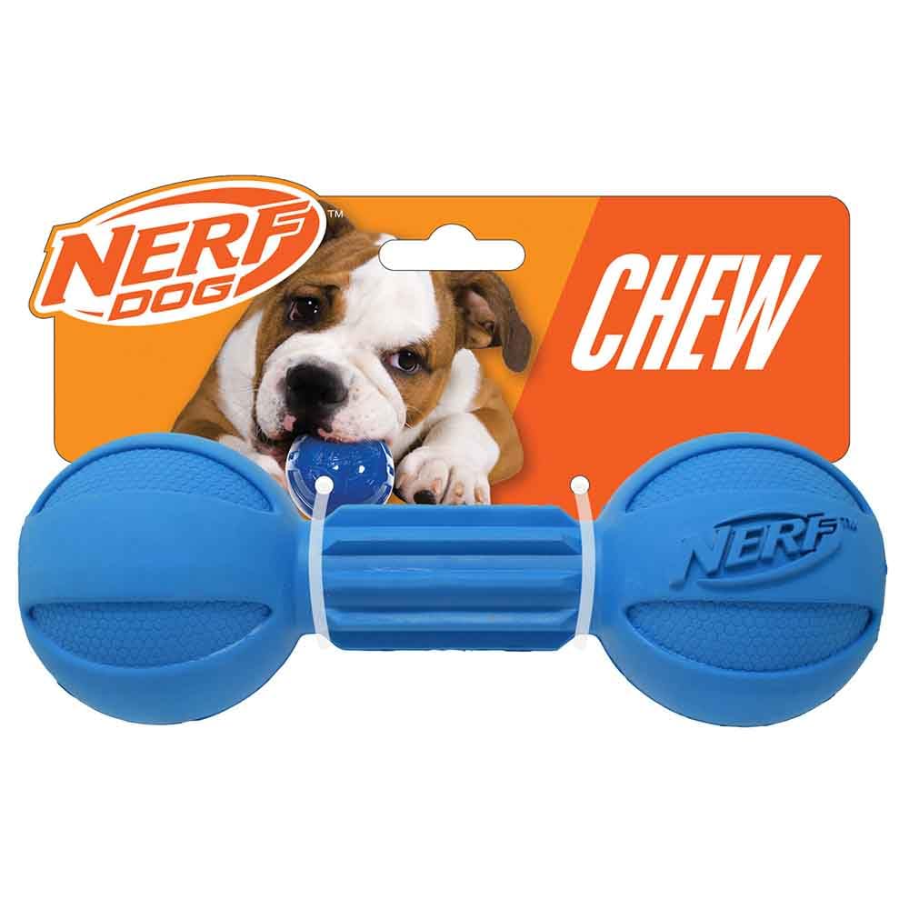 Nerf Dog Rubber Chew Barbell Dog Toy For Aggressive Chewers, Lightweight, Durable and Water Resistant, 7.5 Inches, For Medium/Large Breeds, Single Unit, Blue