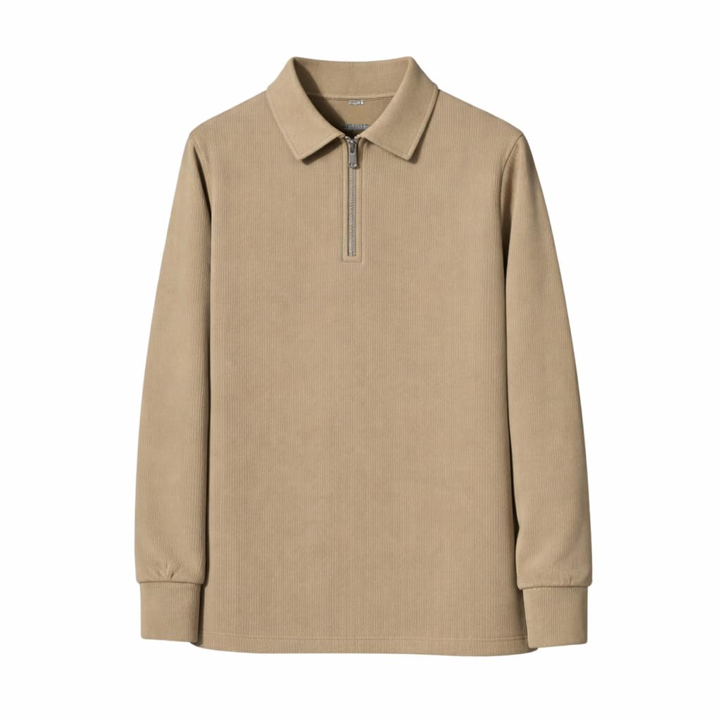 Women’s Ribbed Zip Polo T-Shirt | Full Sleeve Collared Top | Camel Beige Casual Sweatshirt | Regular Fit-M7434