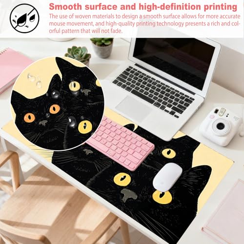 Image of Nuxovilar 11.8x31.4 Black Cat Trio Gaming Mouse Pad | Large black cat trio mouse pad for home and office. Durable polyester gaming mat for feline enthusiasts.