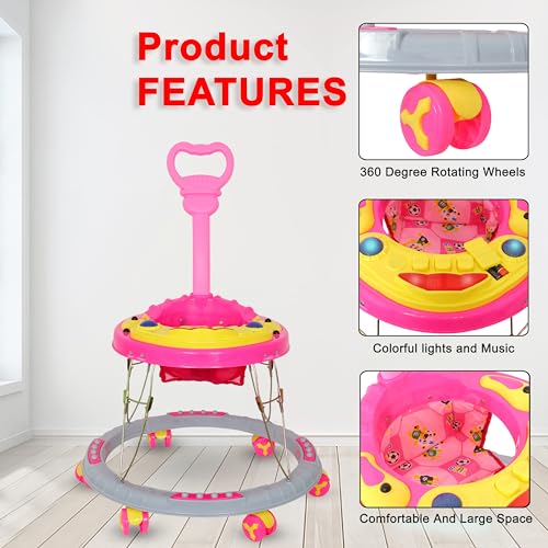 Image of Presents Baby Walker for 6-18 Month Baby boy with Music and Detachable Parental Push Handle for Unisex Kids (Pink)