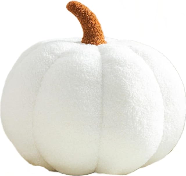 Pumpkin Pillow - Plush Fluffy Stuffed Pumpkin For Thanksgiving Halloween and Decorations - Sofa Cushion (White)