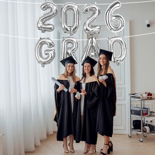 Image of Silver 2026 GRAD Foil Balloons, 16 Inch Metallic Silver Grad Congrats Balloons Banner for Graduation Decorations 2026, College High School Class of 2026 Graduate Congratulations Party Decor Supplies